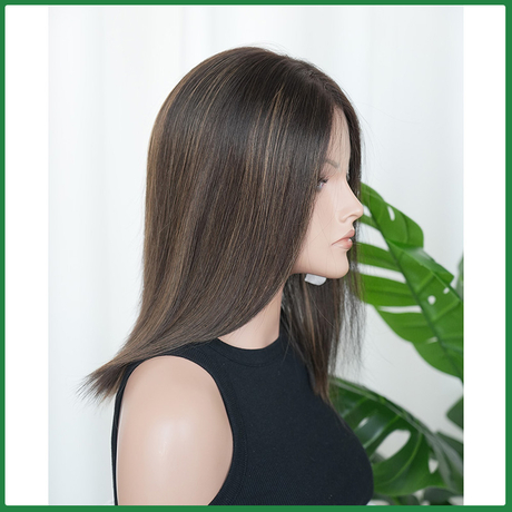 14" Straight Glueless Swiss Lace Top Human Hair Wigs with Medium Brown Highlight