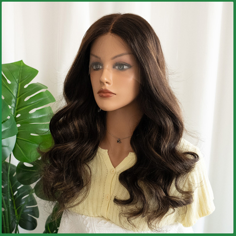 Dark Brown HD Lace Top Human Hair Wig with Medium Brown Highlight